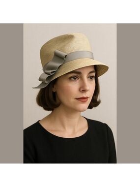 50s HYDE PARK BRETON STYLE HAT CREAM GRAY & METALLIC WOVEN SILVER MCM RETRO